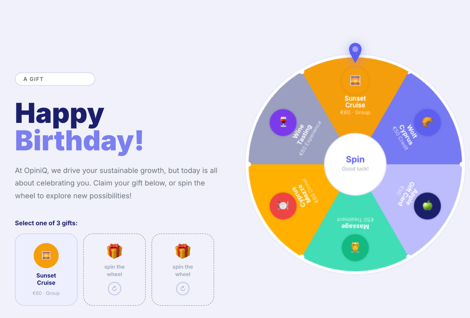 Recipient screen with the curated gift wheel.