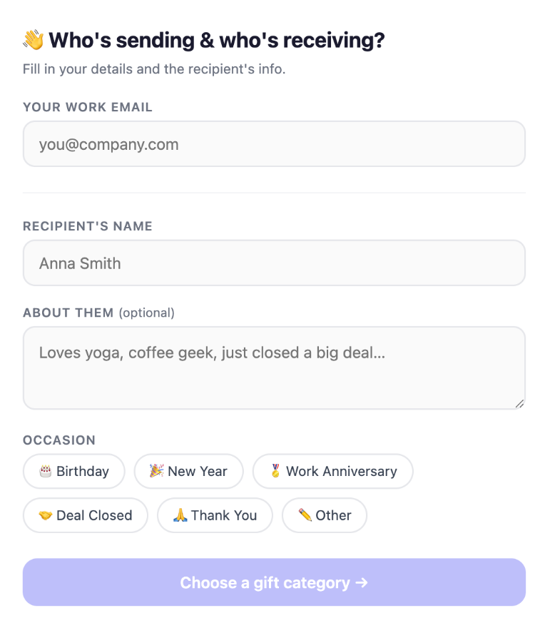 Sender form — picks recipient and occasion, the AI drafts the message.
